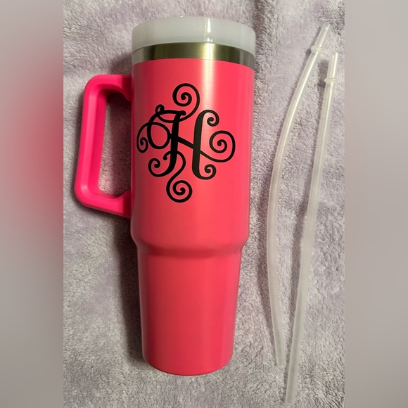 Marleylilly Other - Pink “H” Monogrammed Travel Tumbler with Handle & 2 Straws